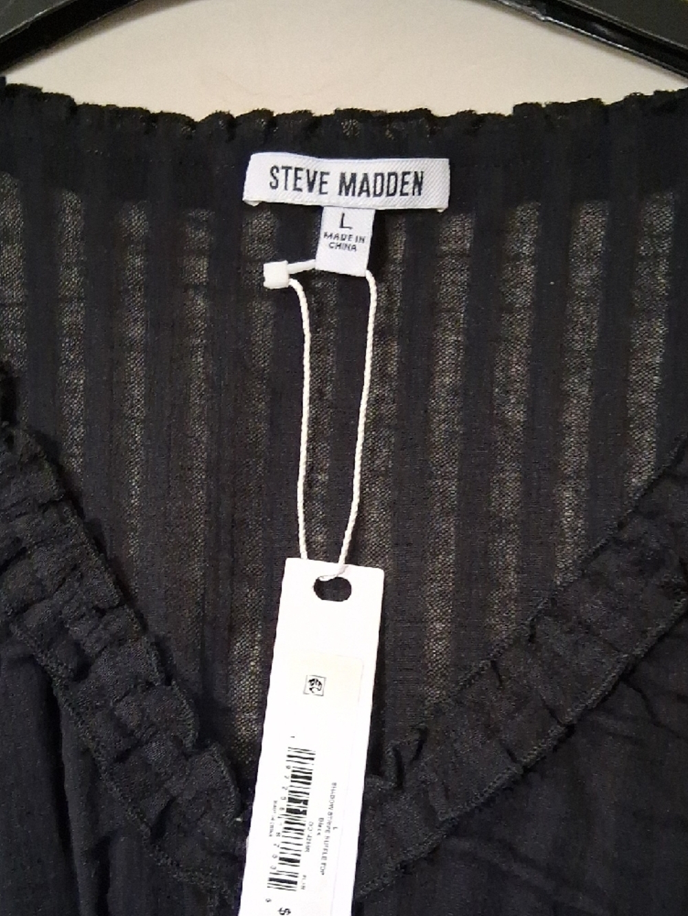 Steve Madden Black Ruffle-Trim Button Peplum Top. Juniors Large - Picture 2 of 5